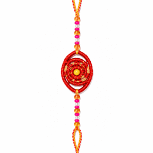 Crimson Pine Leaf Spiral Rakhi with Beaded Strand