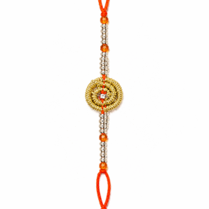 Golden Pine Leaf Rakhi with Silver Beaded Strand