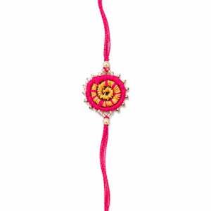 Rani Pink Pine Leaf Rakhi with Silver Bead Border