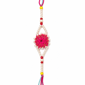 Pink Pine Leaf Rakhi in Pearl Diamond Frame
